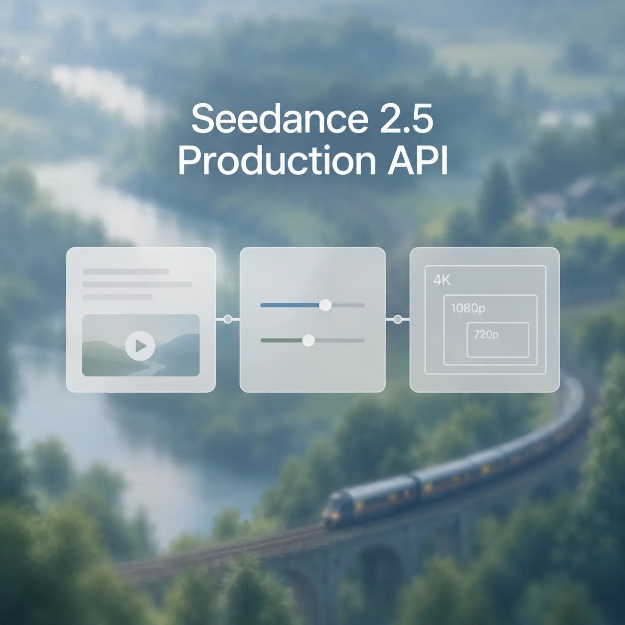 Translucent video workflow cards showing Seedance generation and high-resolution delivery