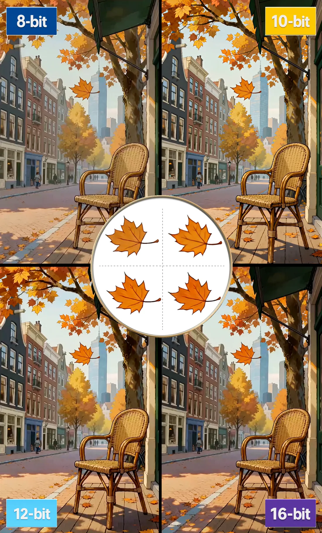8-bit, 10-bit, 12-bit and 16-bit color-depth comparison